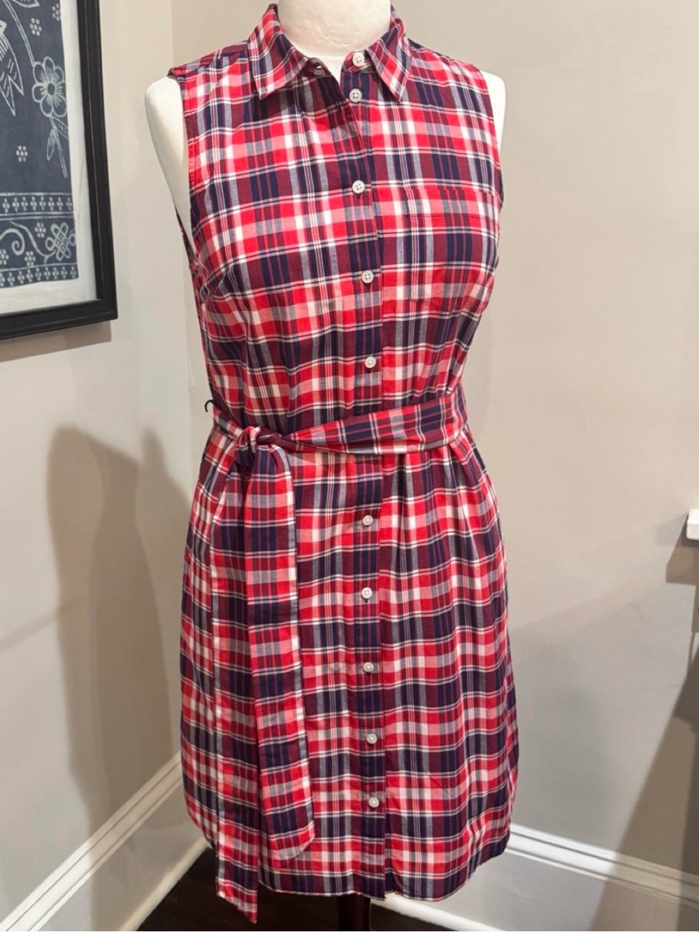 J. Crew Red and Navy Plaid Sleeveless Shirt Dress with Tie Waist